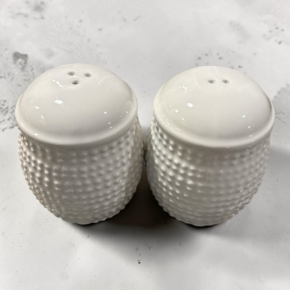 White Hobnail Ceramic Salt & Pepper Shakers Set 2 Glossy Round